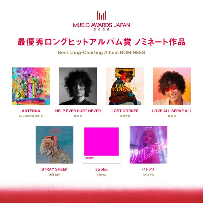 MUSIC AWARDS JAPAN 2026 最優秀ロングヒットアルバム賞ノミネート7作品|米津玄師・藤井 風・Mrs.GREEN APPLE ら