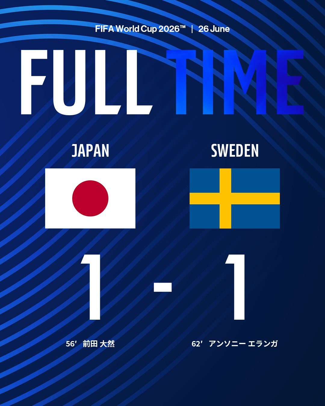 日本1-1スウェーデン、勝点1を獲得し2位通過を伝えるJリーグ公式の投稿