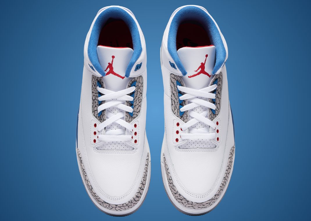 Air Jordan 3 True Blue 2026 pair angled studio shot