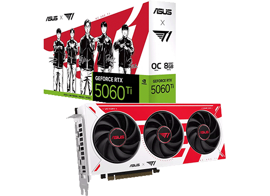 ASUS×T1コラボ GeForce RTX 5060 Tiグラフィックボードのカード正面デザイン
