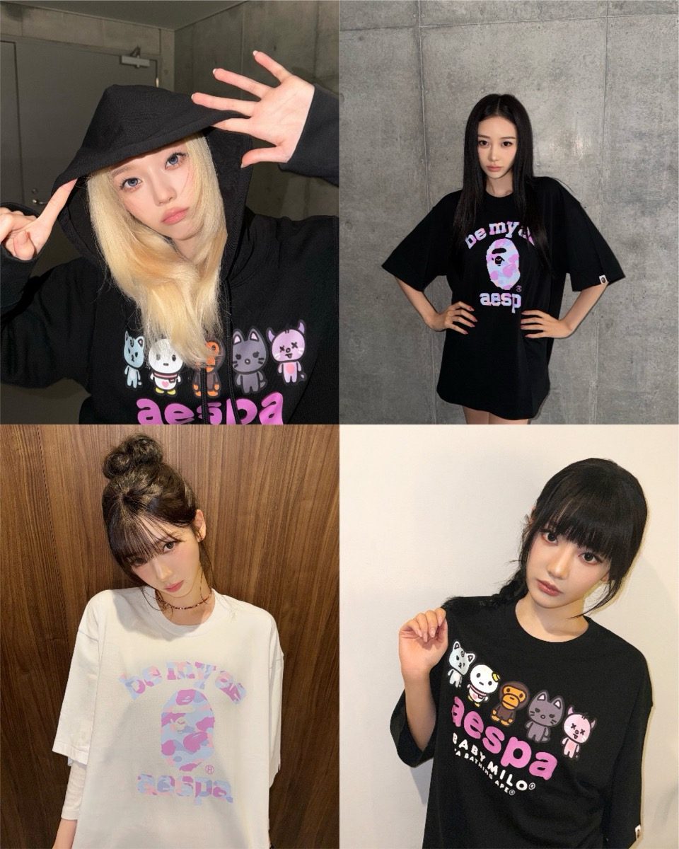 aespaメンバーによるBAPEコラボアイテムの着用カット