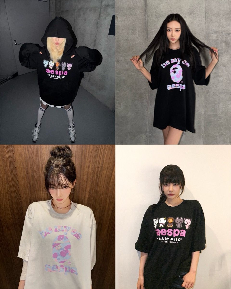 フーディとカレッジTシャツを着用したaespaメンバー