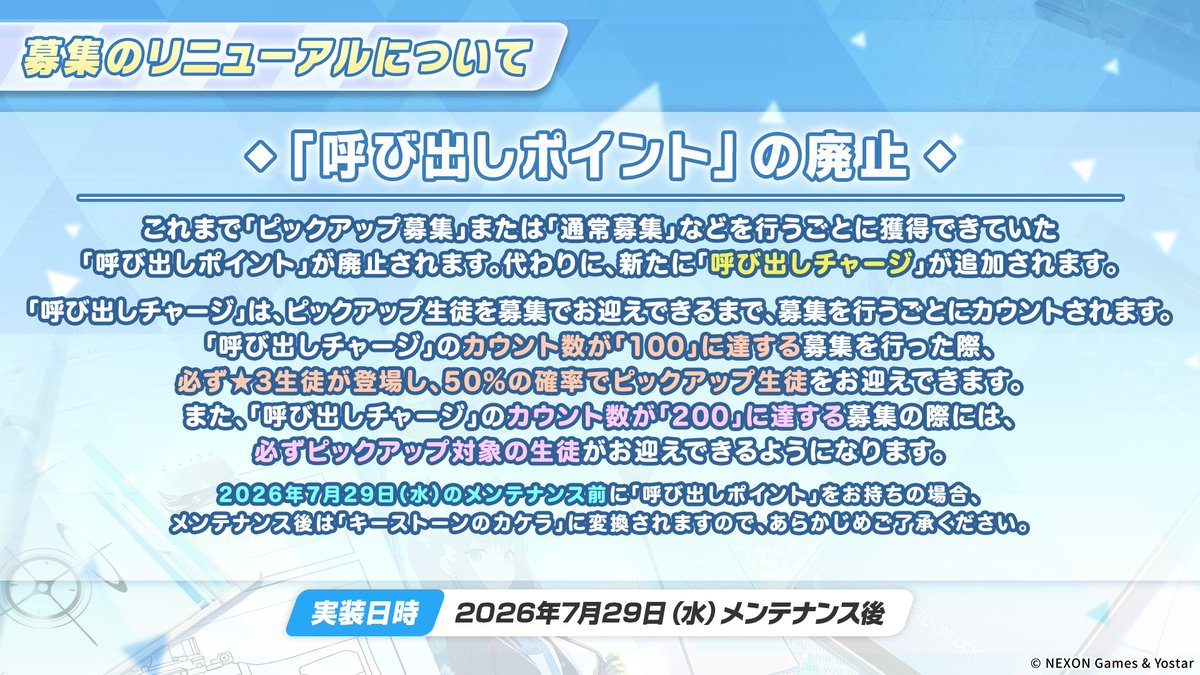 ブルーアーカイブ 呼び出しポイント廃止のお知らせ画像