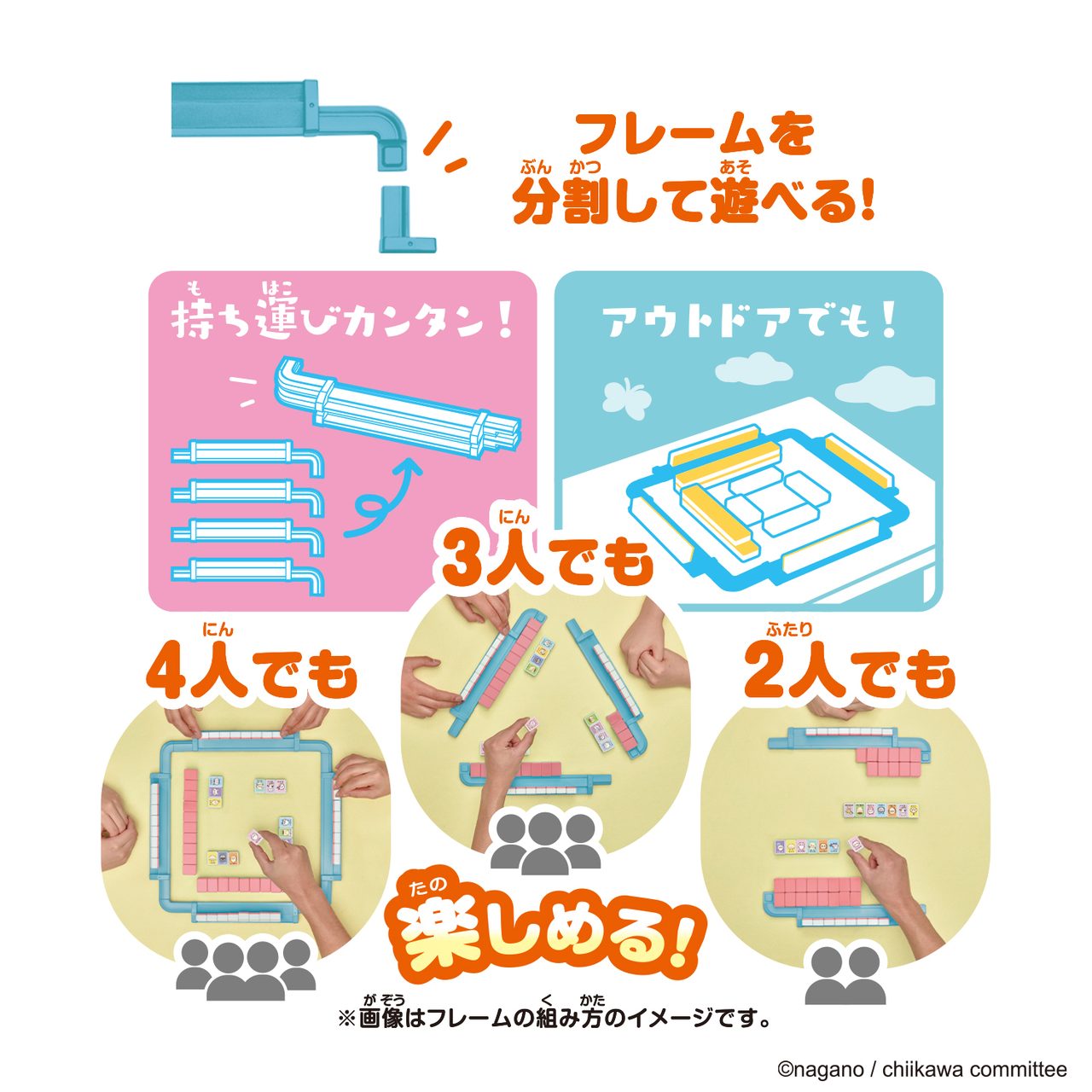 ドンジャラNEOのプレイフレームを4分割してコンパクトに収納・持ち運べることを示すイラスト