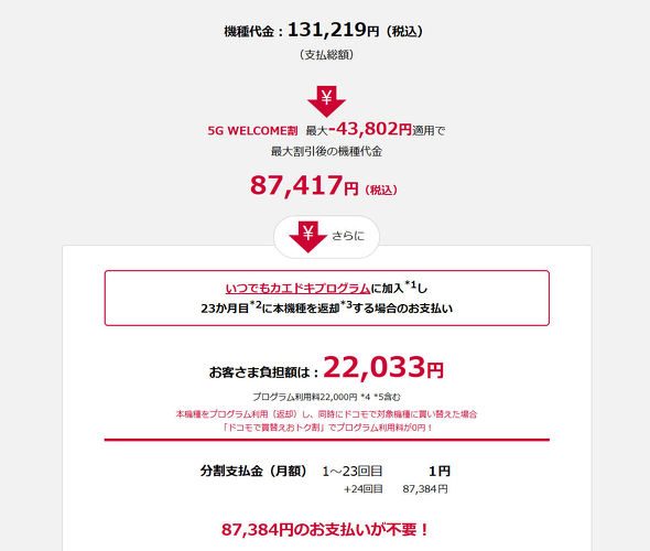 5G WELCOME割の適用例 iPhone 17eで4万3802円割引