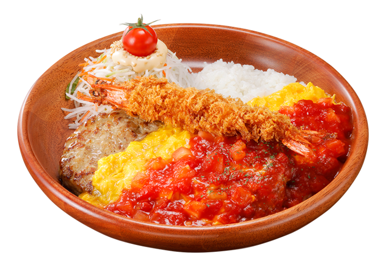 角切りトマトとびっくりエビフライのオムバーグディッシュ