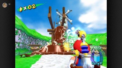 スーパーマリオサンシャインのゲーム画面 マリオがポンプで放水する様子