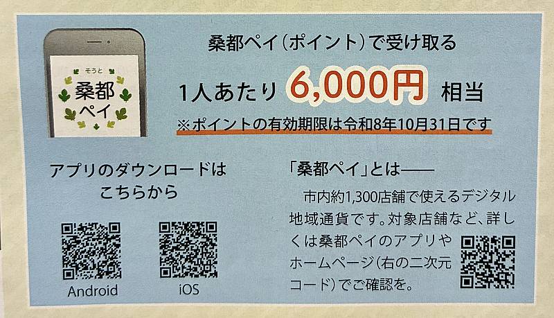 桑都ペイで受け取ると1人あたり6000円相当になることを示す公式チラシの拡大画像
