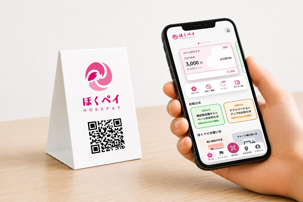 ほくペイのQRコード決済スタンドとアプリ画面