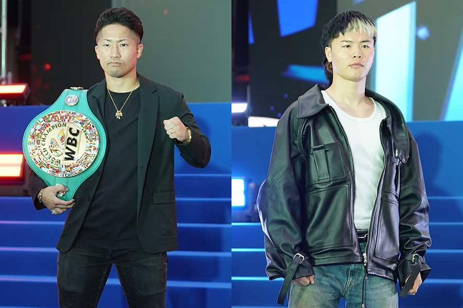 井上拓真(WBC王座ベルト)と那須川天心 会見登壇時の様子