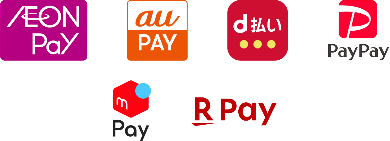 かなトク対象のキャッシュレス決済6種 au PAY d払い PayPay メルペイ 楽天ペイ AEON Pay のロゴ
