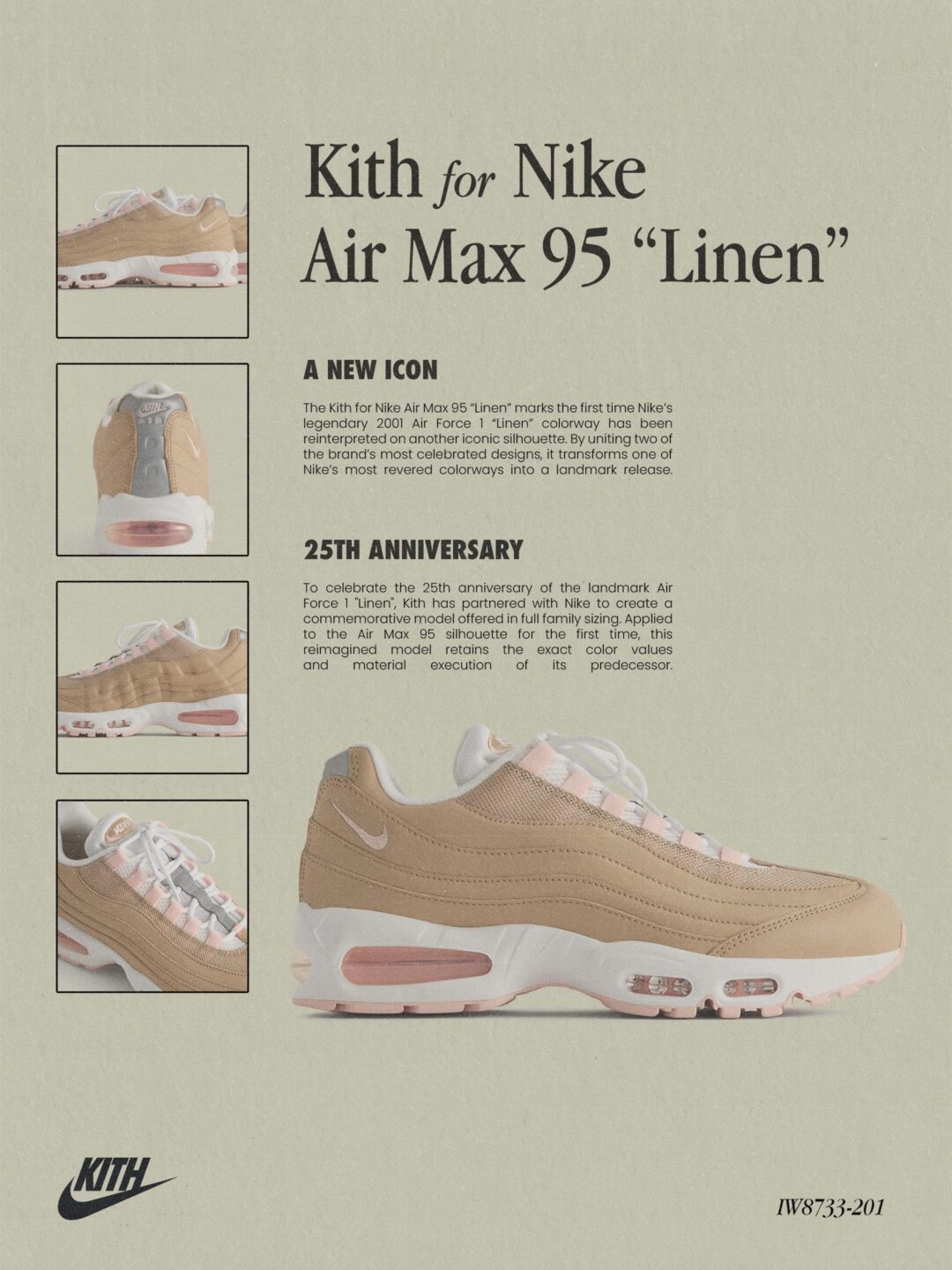 KITH for Nike AIR MAX 95 Linenのディテールを紹介する資料、型番IW8733-201の記載あり