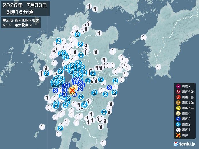 7月30日5時16分に発生したマグニチュード4.6の地震の震度分布図