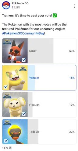 ポケモンGO公式Xの投票結果画面(クスネ53%・ズピカ22%・ワンパチ15%・パピモッチ10%)