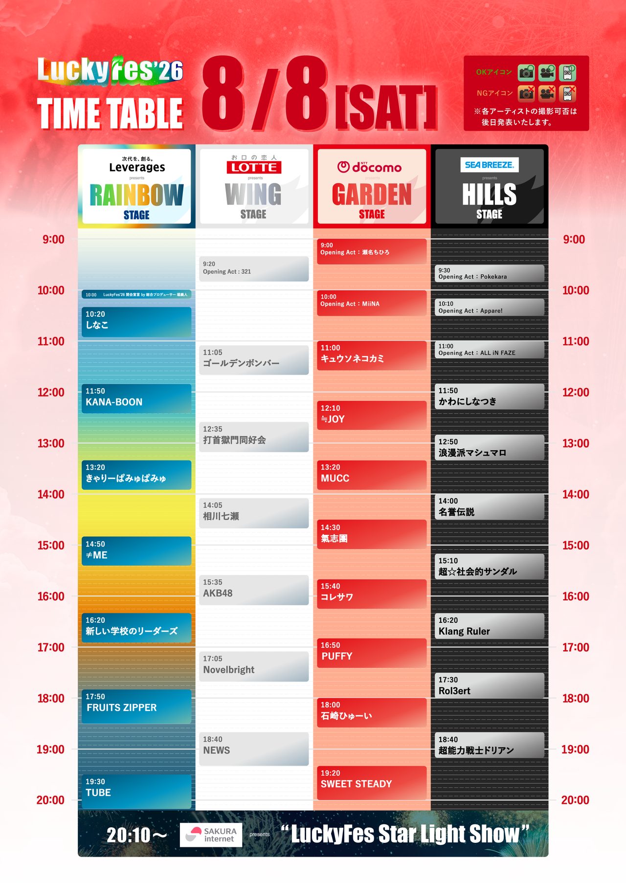 LuckyFes'26 8月8日(土)DAY1タイムテーブル、TUBEやNEWS、FRUITS ZIPPERらが出演