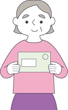 年金生活者支援給付金の請求書はがきを持つ高齢者のイラスト