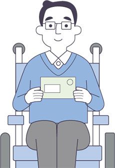 障害基礎年金生活者支援給付金の請求書を持つ車いすの利用者のイラスト