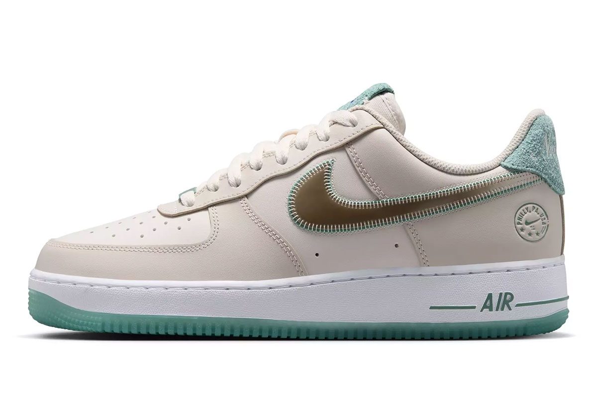 Nike Air Force 1 Low Philadelphia lateral side with gold Swoosh and PHILLY, PA, USA heel branding