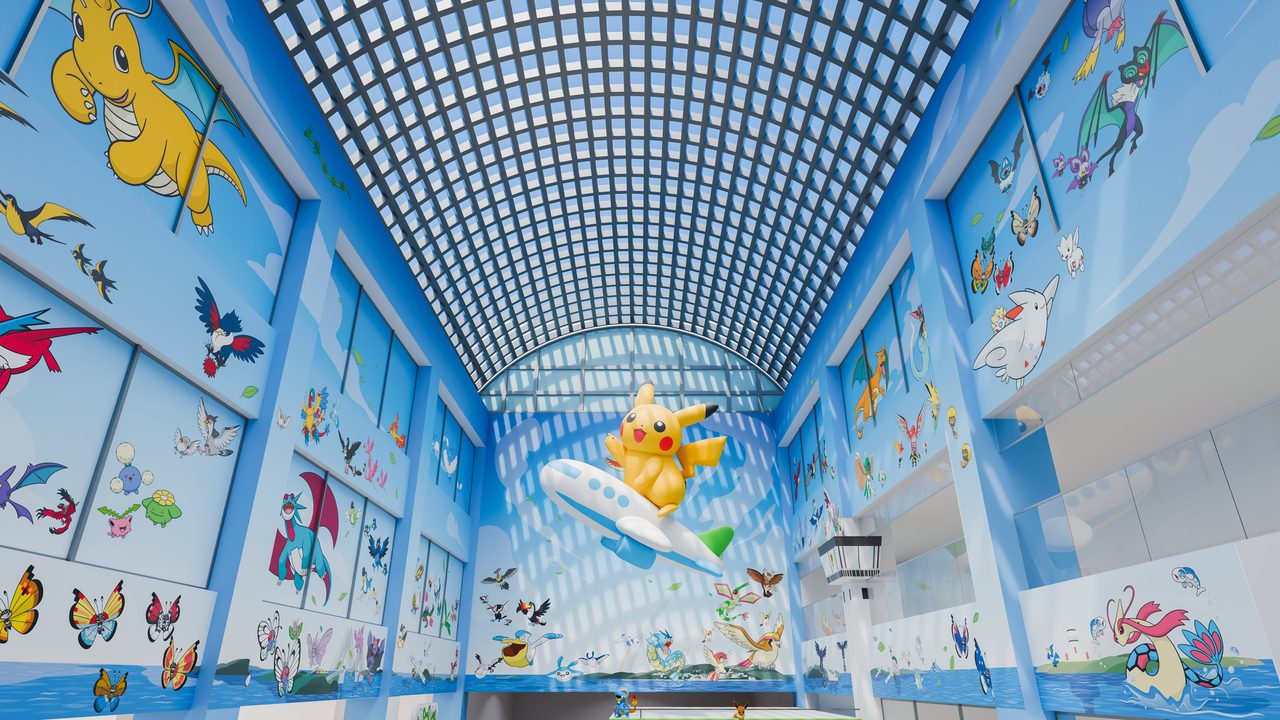 A giant Pikachu-and-airplane balloon floats in the second-floor atrium. Image: Ishikawa Prefecture press release (PR TIMES)