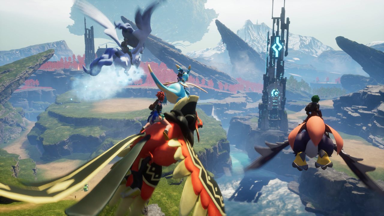 パルワールドのゲームプレイ画面 パルと空を飛ぶ様子