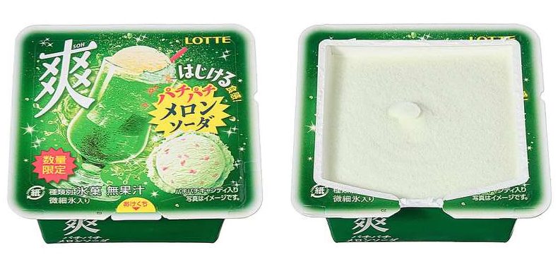 ロッテ 爽 パチパチメロンソーダのパッケージと中身の写真