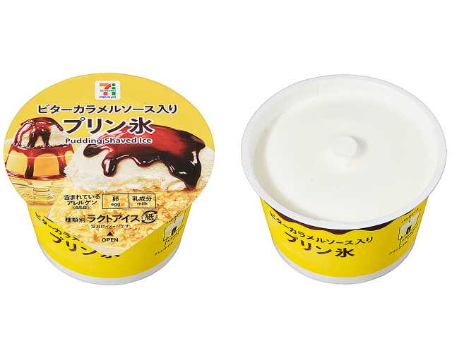 7Pプリン氷のパッケージと中身のかき氷