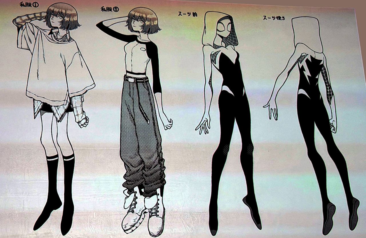スパイダーグウェンの私服デザインとスーツデザインのコンセプトアート