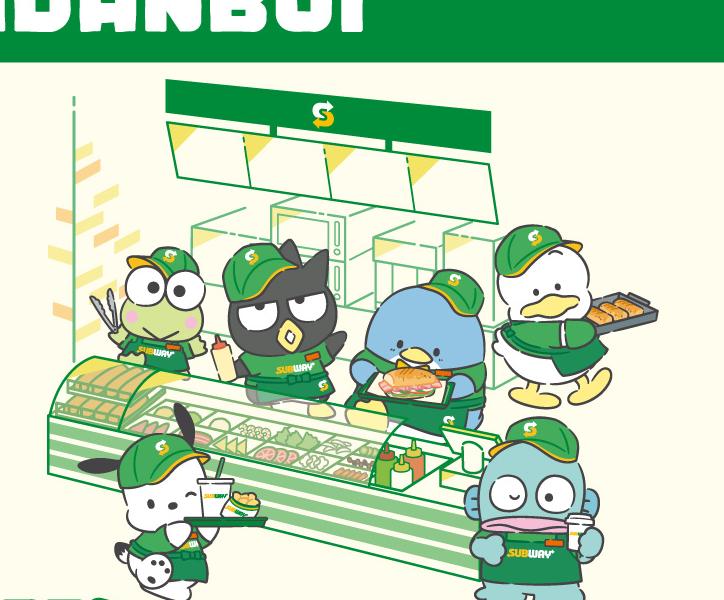 サブウェイ店内で接客するけろっぴ バッドばつ丸 はんぎょどん ぐでたまなどはぴだんぶいのキャラクターイラスト