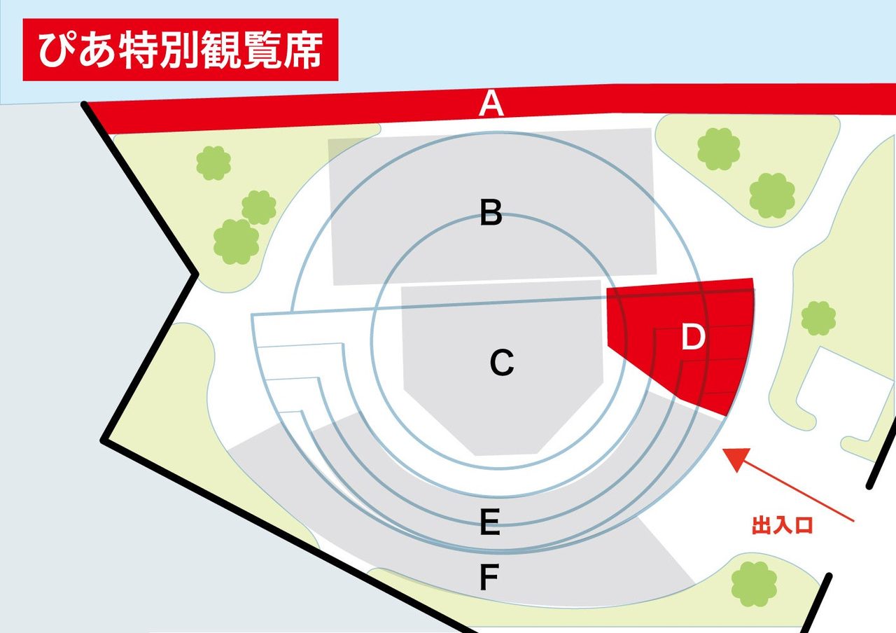 ぴあ花火特別観覧席のA〜Fブロック座席配置図