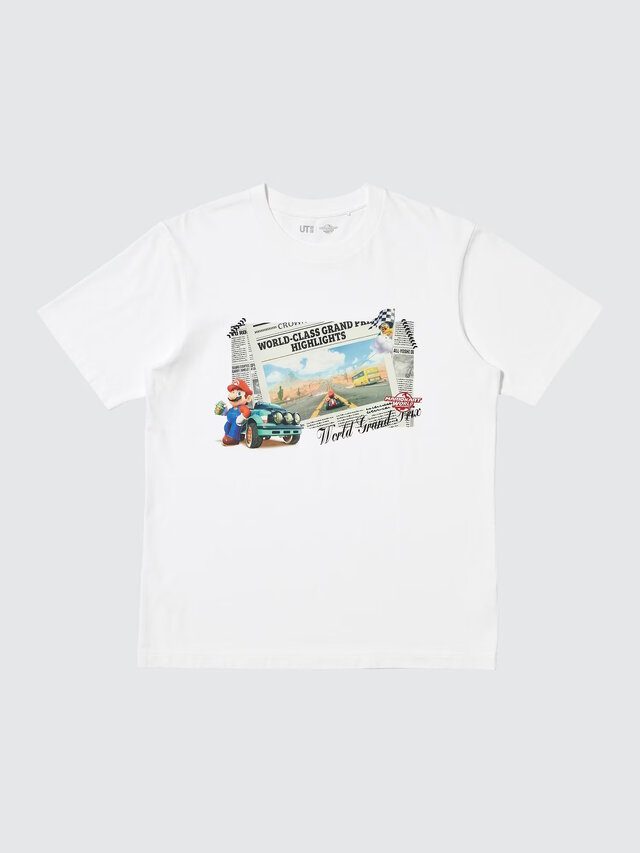 ユニクロ マリオカートワールドUT 大人用白Tシャツ 新聞風ワールドグランプリデザイン