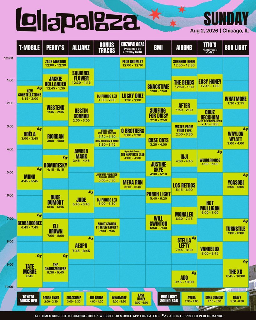 Lollapalooza 2026 8月2日サンデーのタイムテーブル AIRBNBステージAdo出演時間
