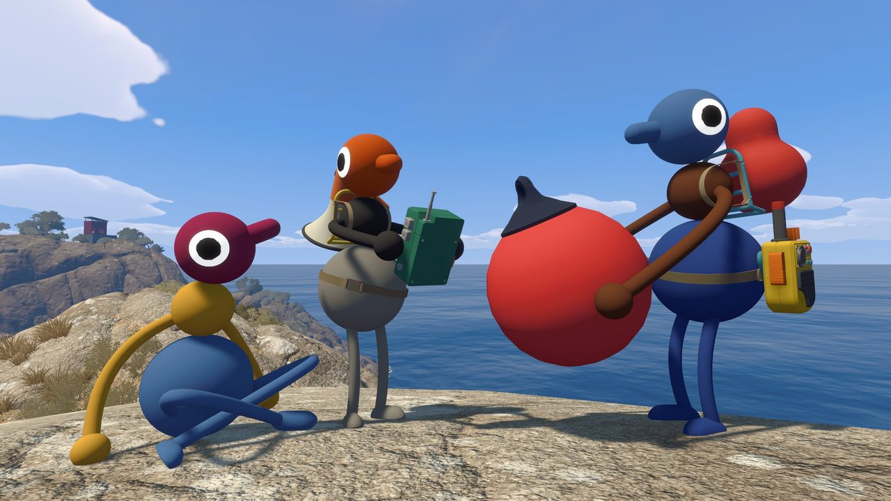 Big Walk ゲーム内スクリーンショット、海辺の岩場に立つ複数のキャラクター