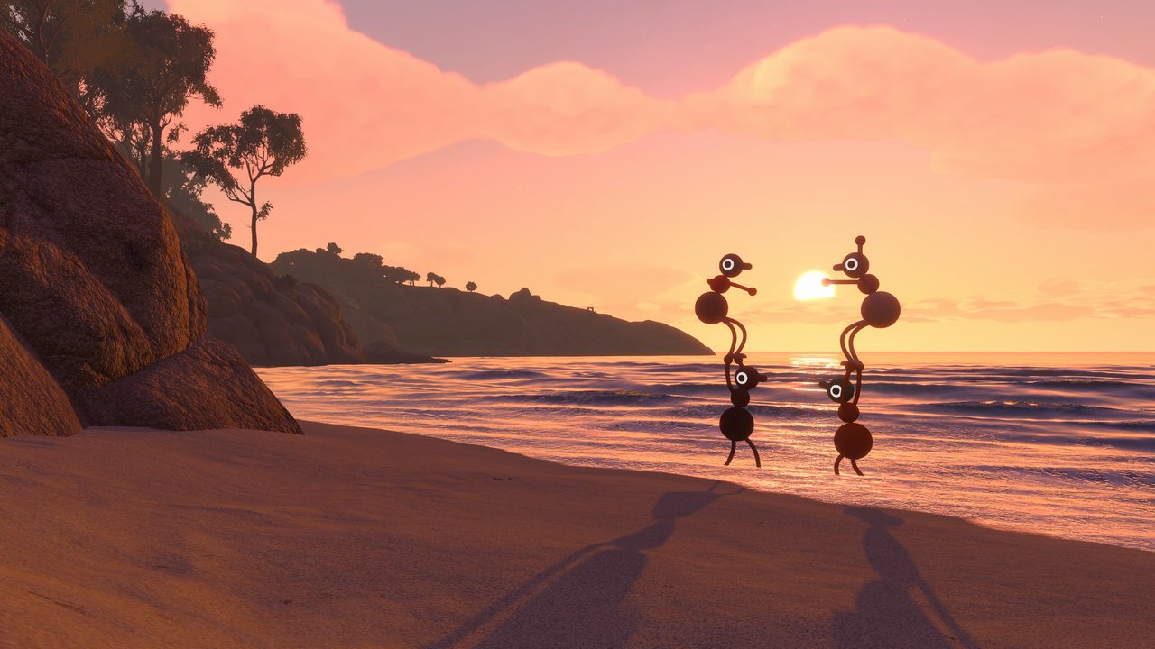 Big Walk ゲーム内スクリーンショット、夕焼けのビーチを歩くキャラクターたち