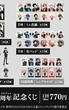 文豪ストレイドッグス10周年記念くじ D賞 ミニ色紙とE賞 缶バッジのラインナップ