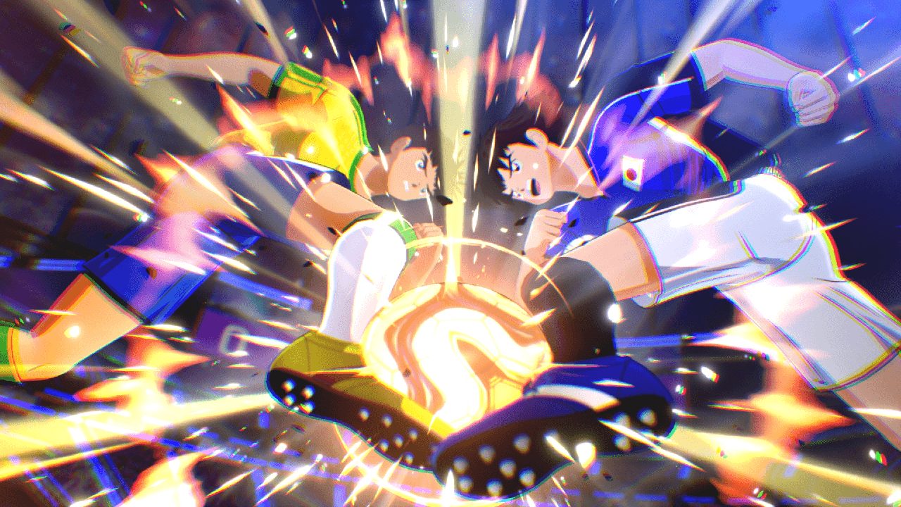 キャプテン翼2 WORLD FIGHTERS ゲーム内アクションシーン、必殺シュートを放つ場面