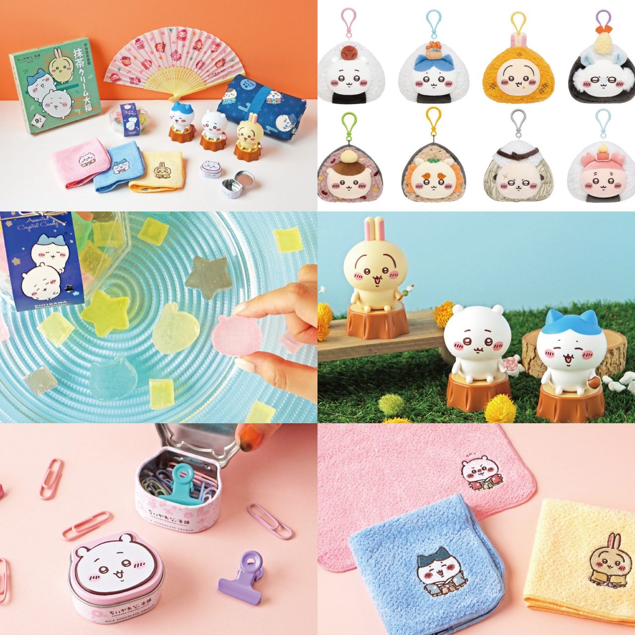 ちいかわもぐもぐ本舗の夏の新商品をまとめたコラージュ画像、扇子やマスコット、ステッカーなど