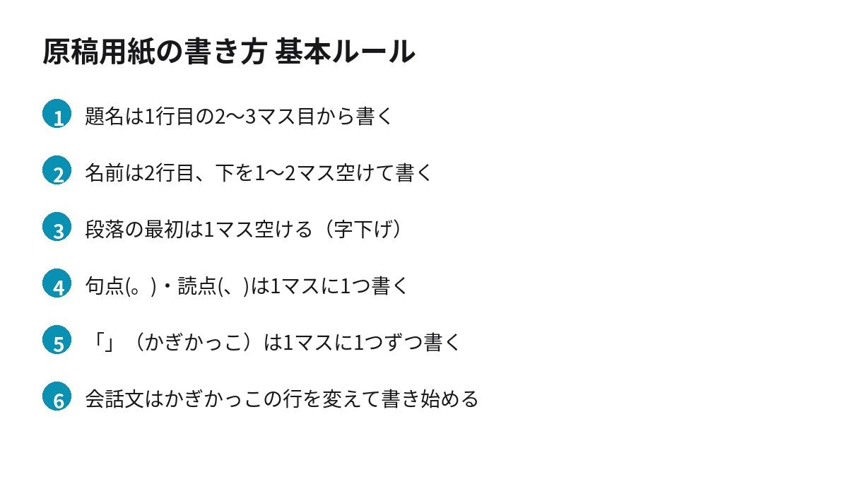 原稿用紙の書き方の基本ルール6箇条の図解
