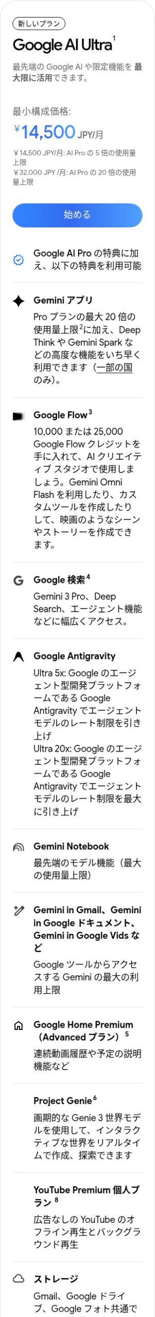 Google AI Ultra プランカード 月額14500円 YouTube Premium個人プラン付帯