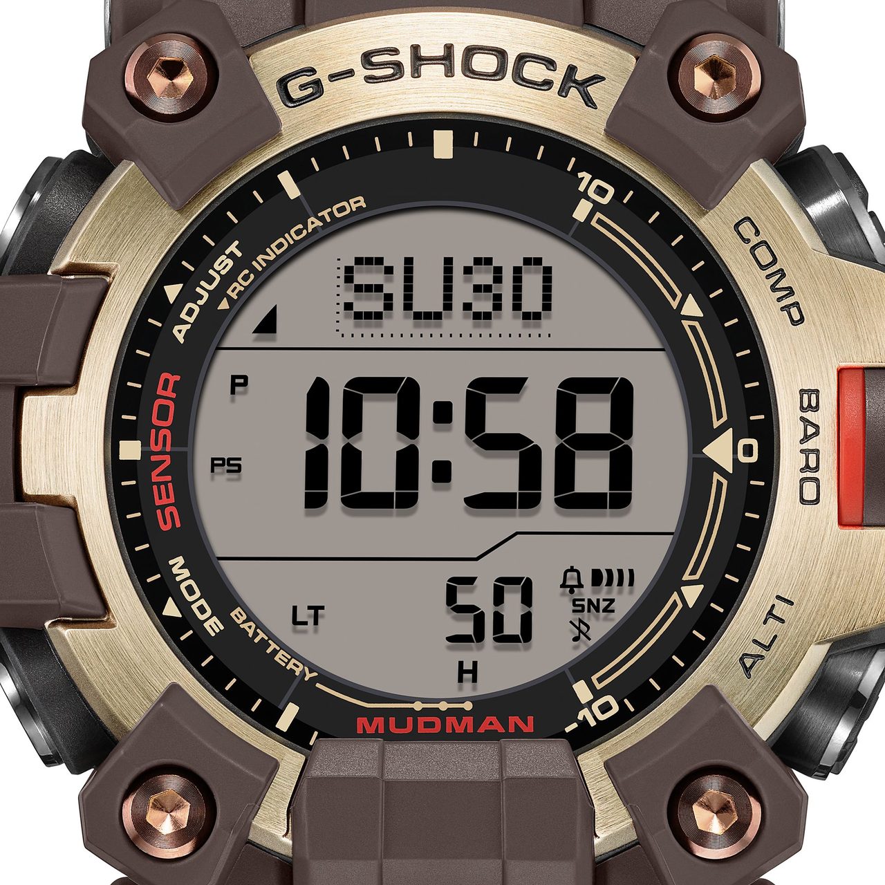 G-SHOCK MASTER IN HORIZON GOLD GW-9500MH-5JF 文字盤アップ MUDMANのロゴとゴールドベゼル