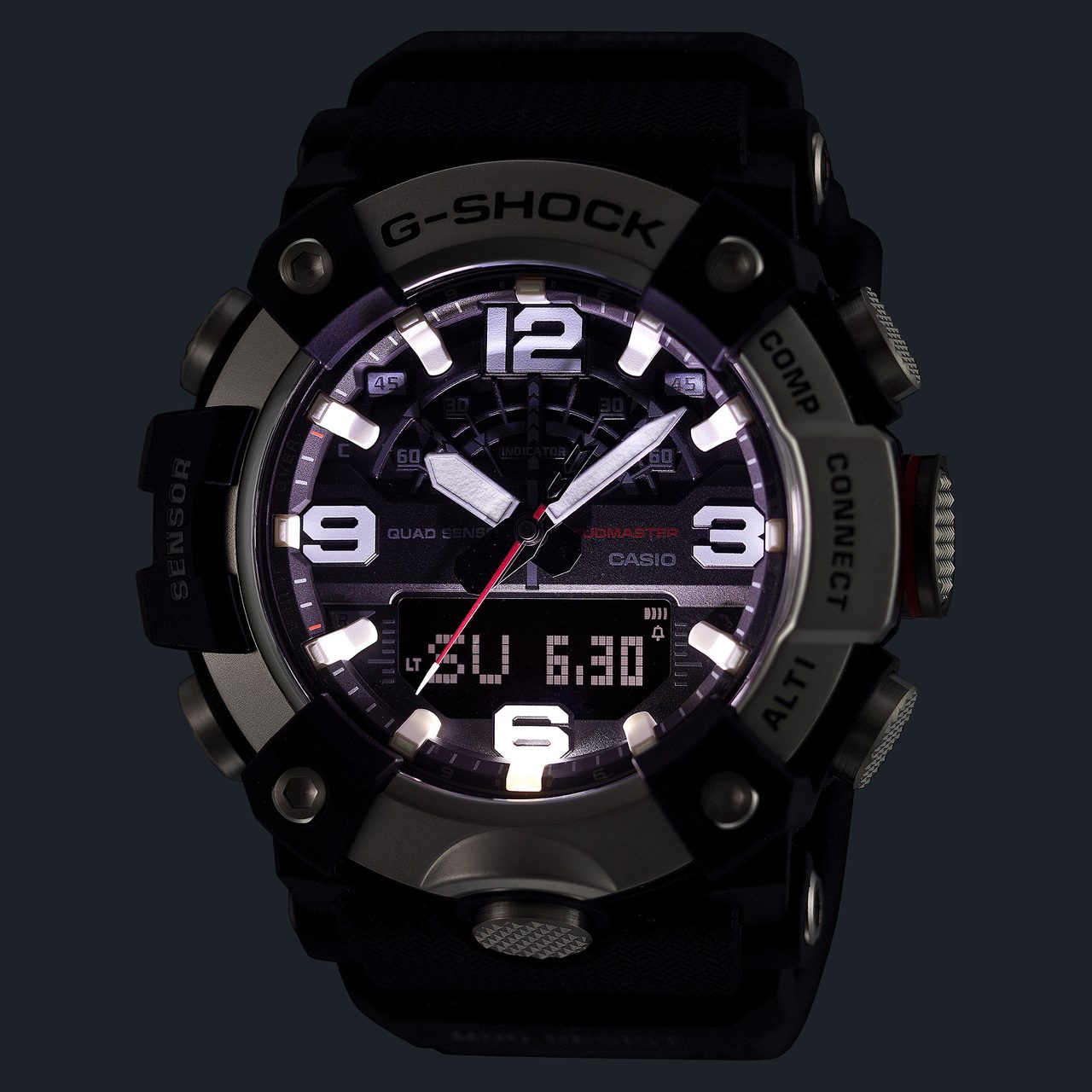 G-SHOCK MASTER IN HORIZON GOLD GG-B100XMH-5AJF バックライト点灯時の文字盤