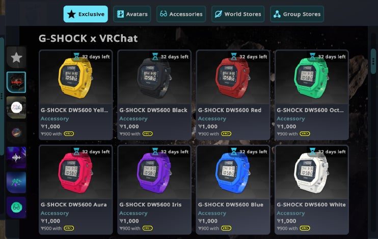 VRChat公式アイテムストアに並ぶG-SHOCK DW5600 VRC Editionの全8色一覧
