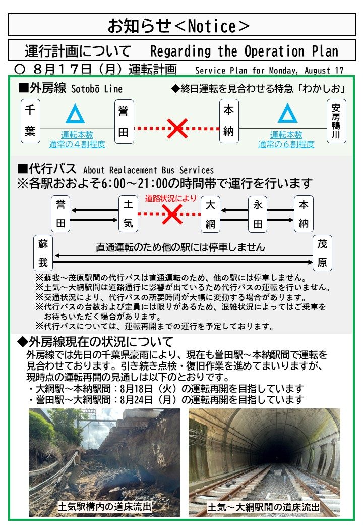 千葉県豪雨でJR外房線に代行バス｜運転再開はいつ・区間まとめ