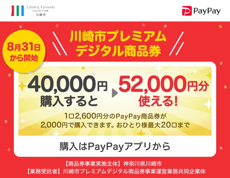 川崎市プレミアムデジタル商品券 2次販売告知バナー。8月31日から開始、40,000円購入で52,000円分使える。出典:PayPay公式