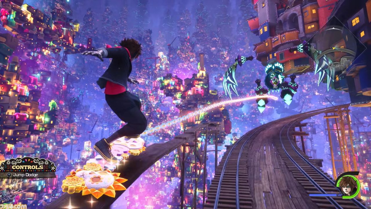 キングダムハーツ4 リメンバー・ミーの世界でのアクションゲームプレイ画面