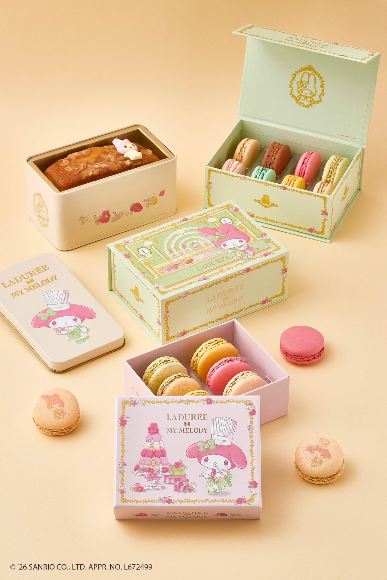 ラデュレ×マイメロディ マカロンボックスとアーモンドパウンドケーキ缶のラインナップ