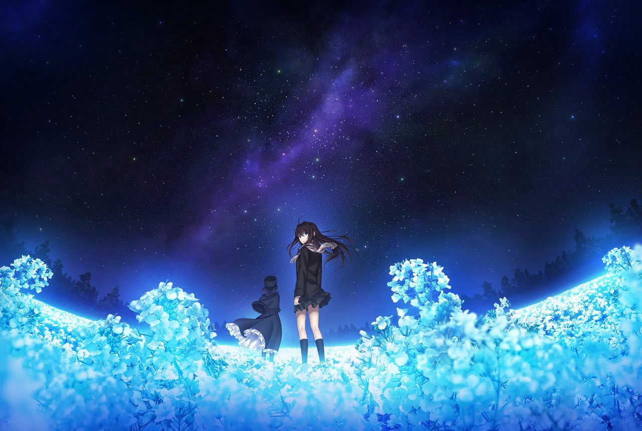 満天の星空と花畑を歩く蒼崎青子と久遠寺有珠