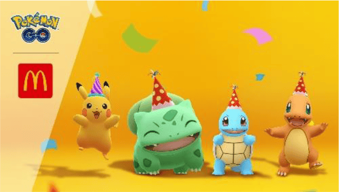 ポケモンGOとマクドナルドのコラボビジュアル 帽子をかぶったピカチュウ フシギダネ ゼニガメ ヒトカゲ