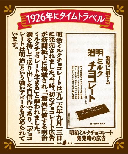 1926年発売当時の明治ミルクチョコレート新聞広告を再現した復刻版パッケージ裏面