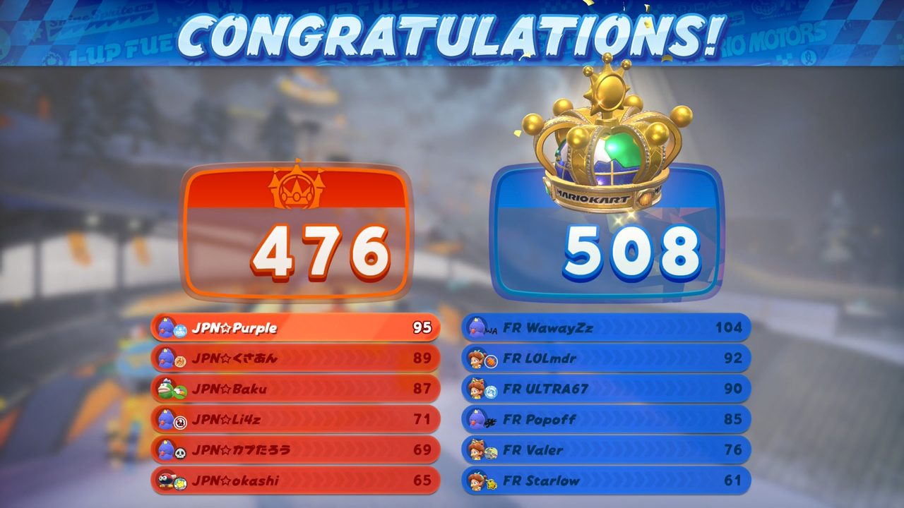 マリオカートワールドカップ2026決勝2レース目 フランス508対日本476の結果画面