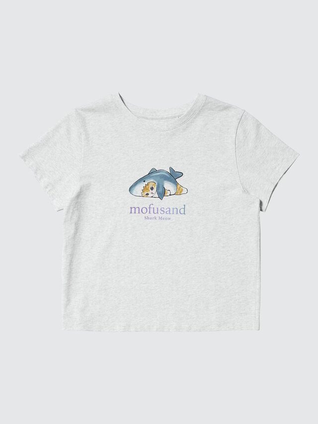 mofusand サメにゃん 丸くなって眠るサメの着ぐるみ猫の杢グレーTシャツ